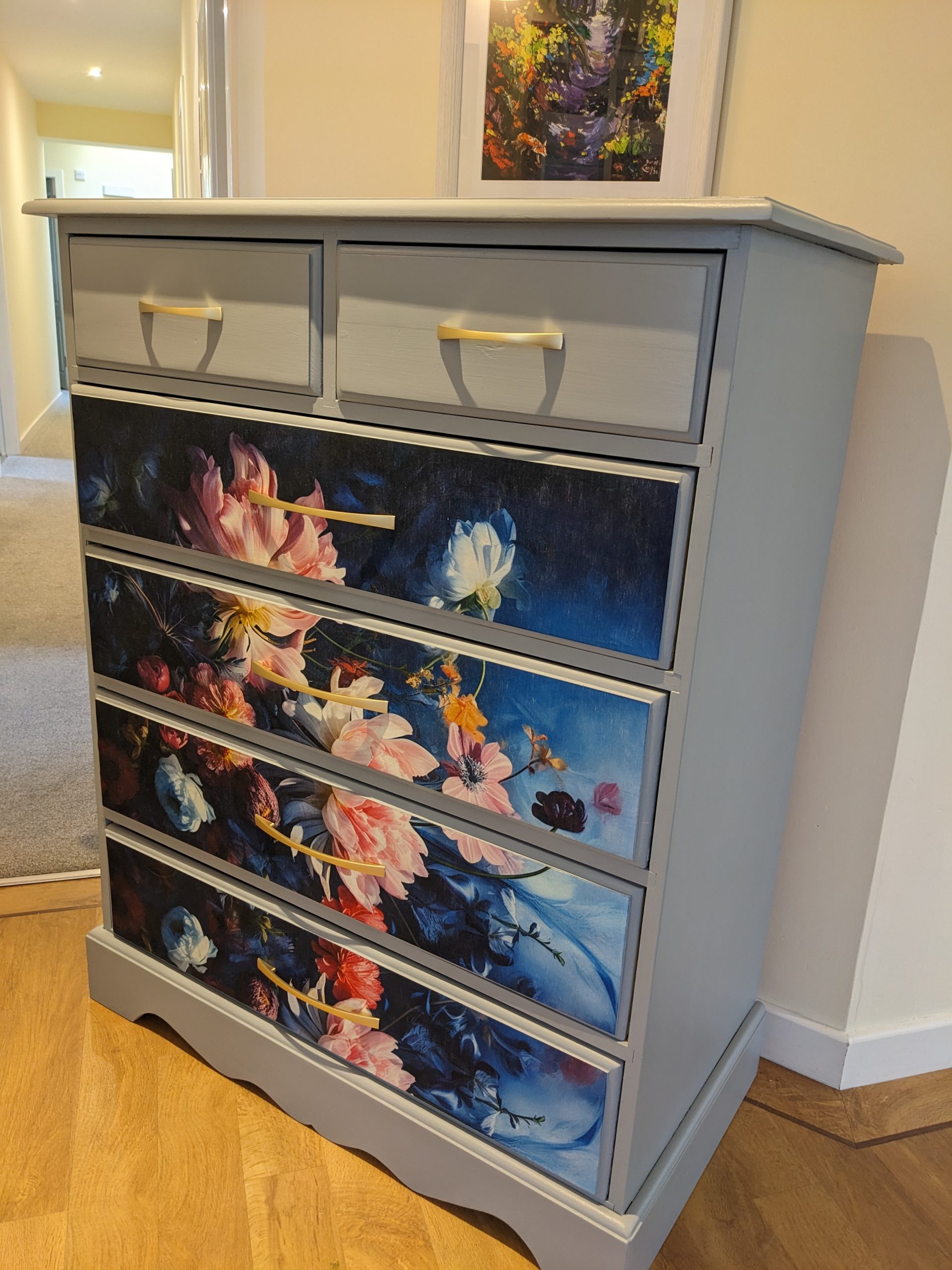 Pine chest of drawers with Dixie Belle Savannah mist paint and Enchanted garden decoupage