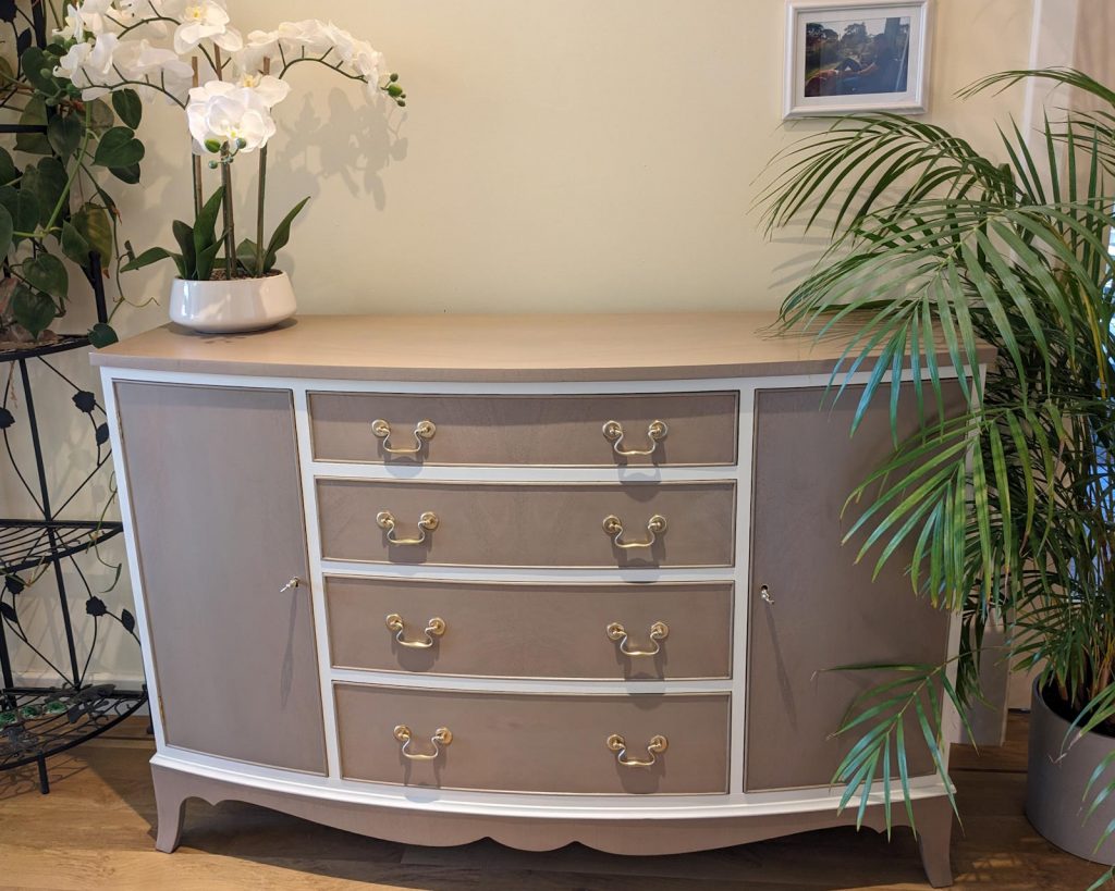Queen Anne style bow front neutral sideboard