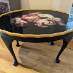 Vintage side table upcycled with Dixie Belle Caviar black paint and gold with Moody florals Mint by Michelle decoupage