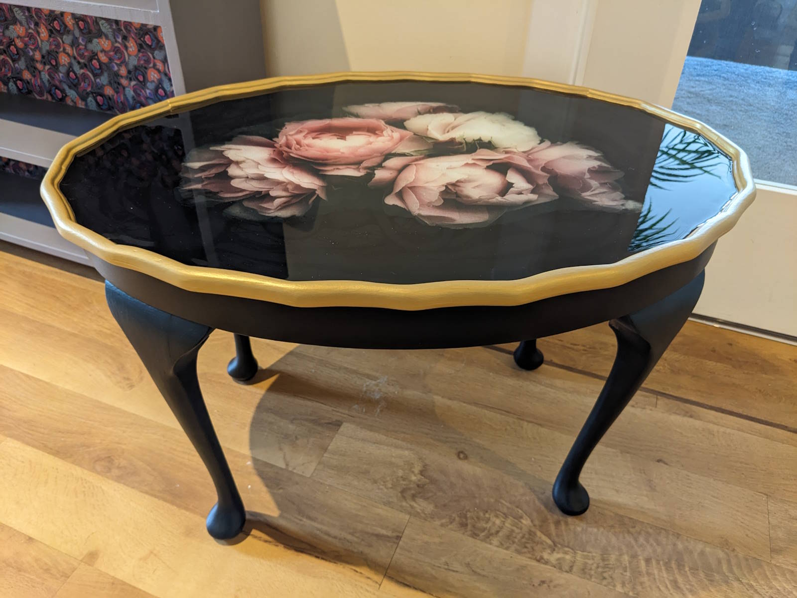 Vintage side table upcycled with Dixie Belle Caviar black paint and gold with Moody florals Mint by Michelle decoupage
