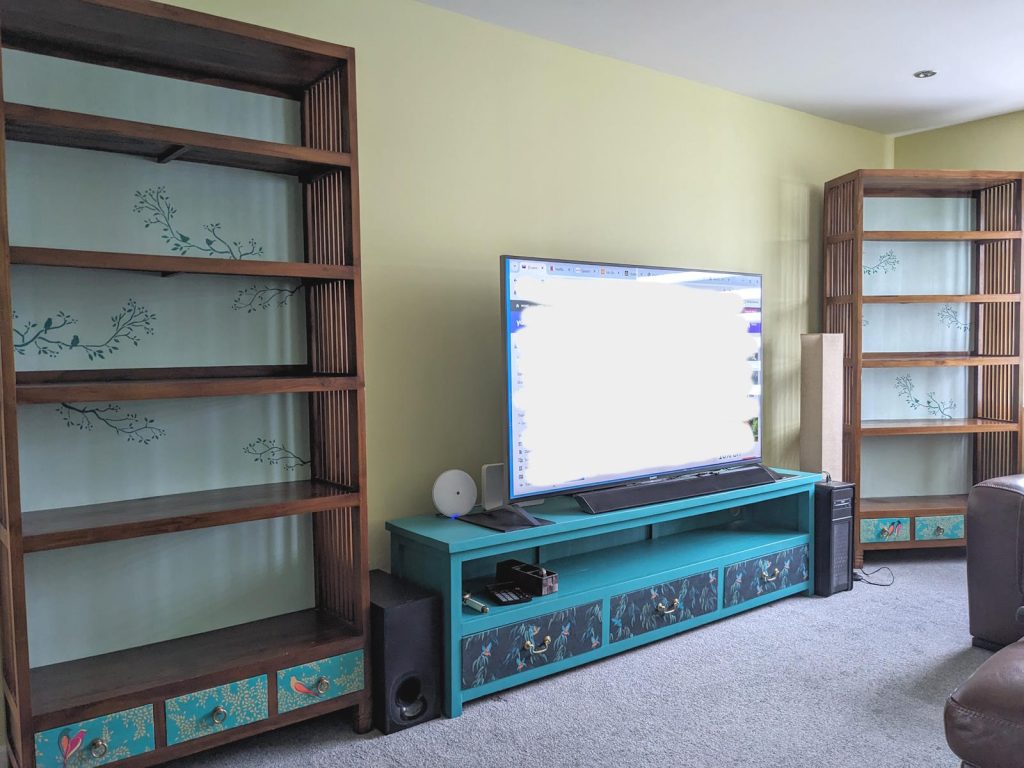 dark furniture made lighter by upcycling with paint and fabric